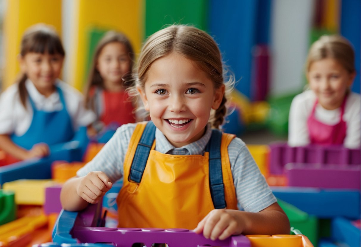 Children engaged in PVC activities, building, and creating. Playful learning environment with colorful materials and tools. Joyful expressions and active participation