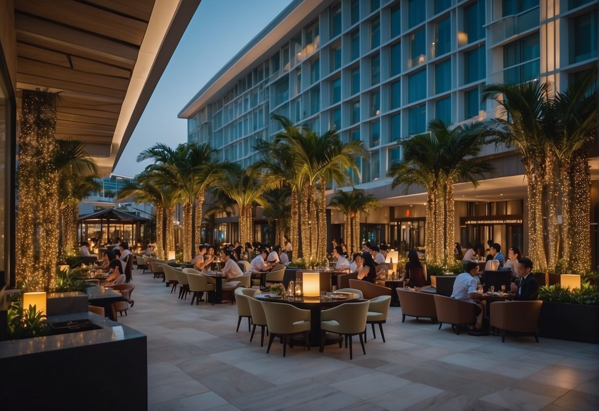 The JW Marriott Singapore South Beach is bustling with activity as guests enjoy the Akira Back promotions, with vibrant decor and delicious food creating a lively and inviting atmosphere