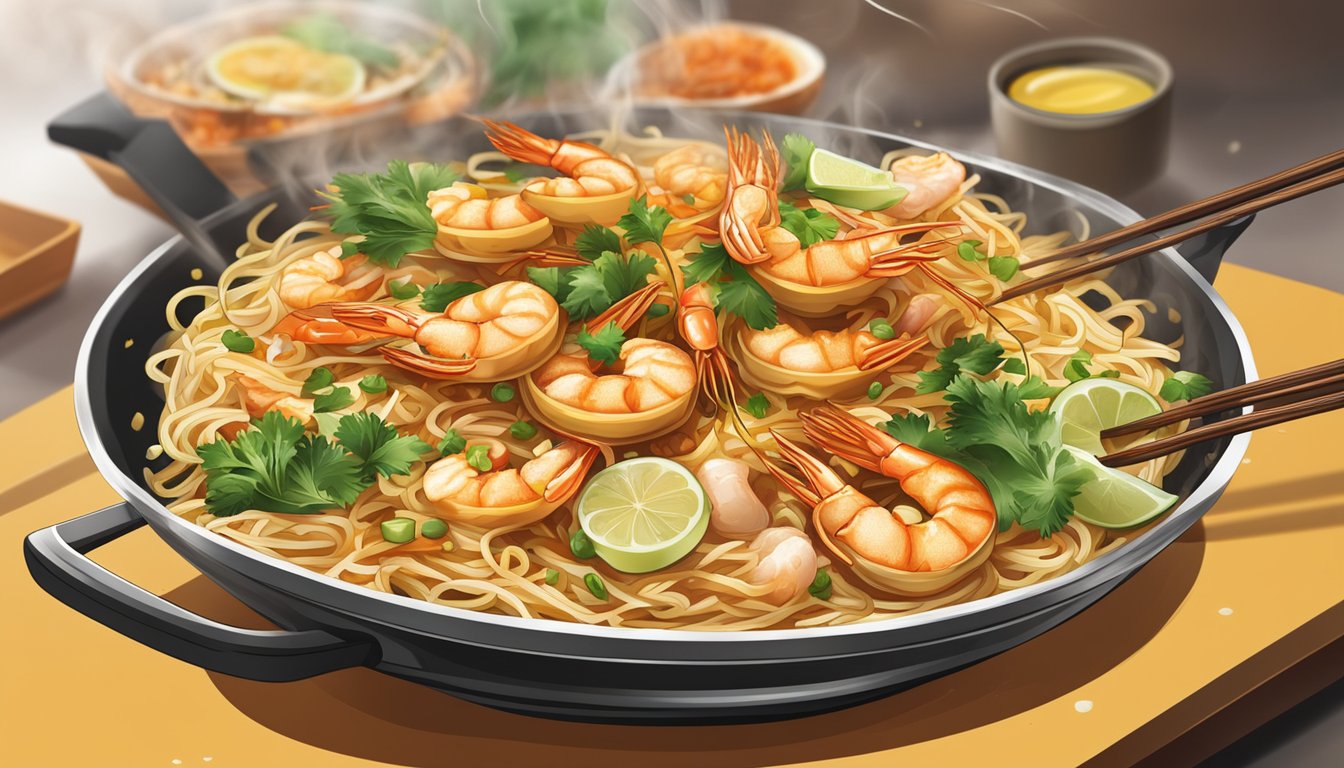 A sizzling wok fries up a plate of Hokkien prawn mee, filling the air with savory aromas and a sizzle of sizzling oil