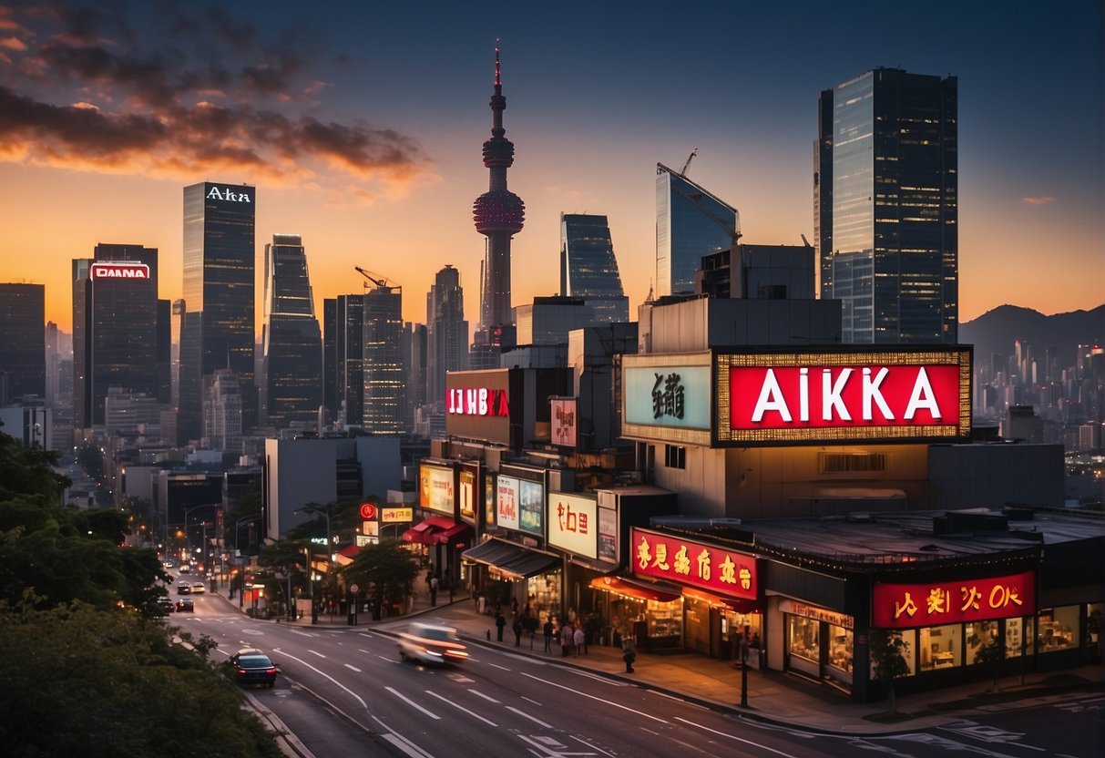 A bustling city skyline with the iconic Akira Back restaurant in the foreground, showcasing exclusive offers and promotions in bold, vibrant signage