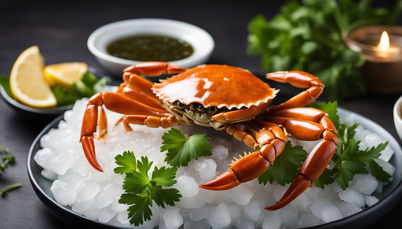 A steaming plate of Singaporean cold crab sits on a bed of ice, garnished with fresh herbs and served with a side of tangy dipping sauce