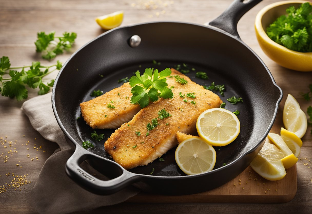 Golden crumbed hoki fish fillets sizzling in a hot pan, surrounded by fresh lemon wedges and a sprinkle of parsley