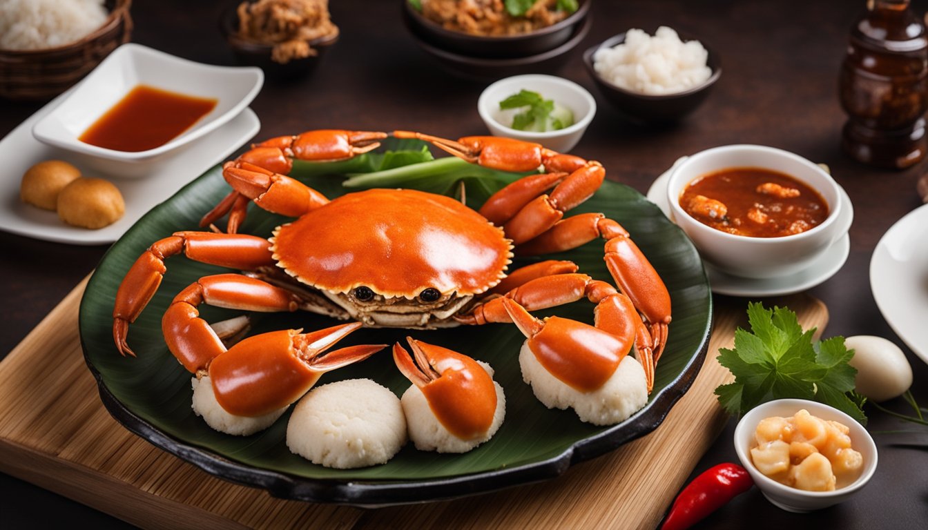 A table set with a steaming plate of Singaporean cold crab, surrounded by chili sauce, and a side of mantou buns