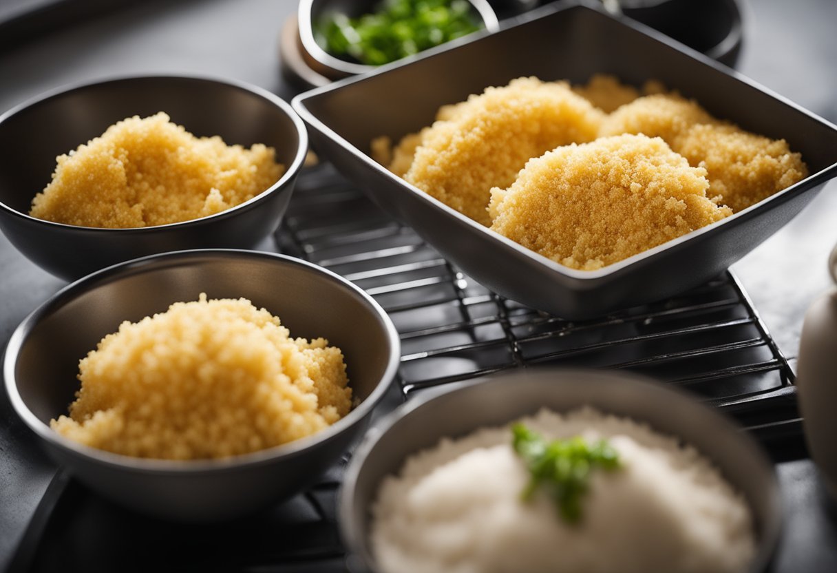 Hoki fillets are being coated in breadcrumbs, ready to be cooked. Bowls of seasoned flour, beaten eggs, and breadcrumbs are set out on a counter