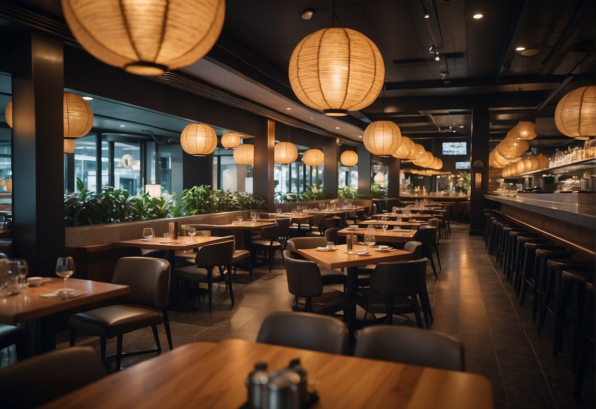 A bustling restaurant with Akira Back promotions displayed prominently in Singapore. Tables filled with diners, waitstaff moving about, and a lively atmosphere