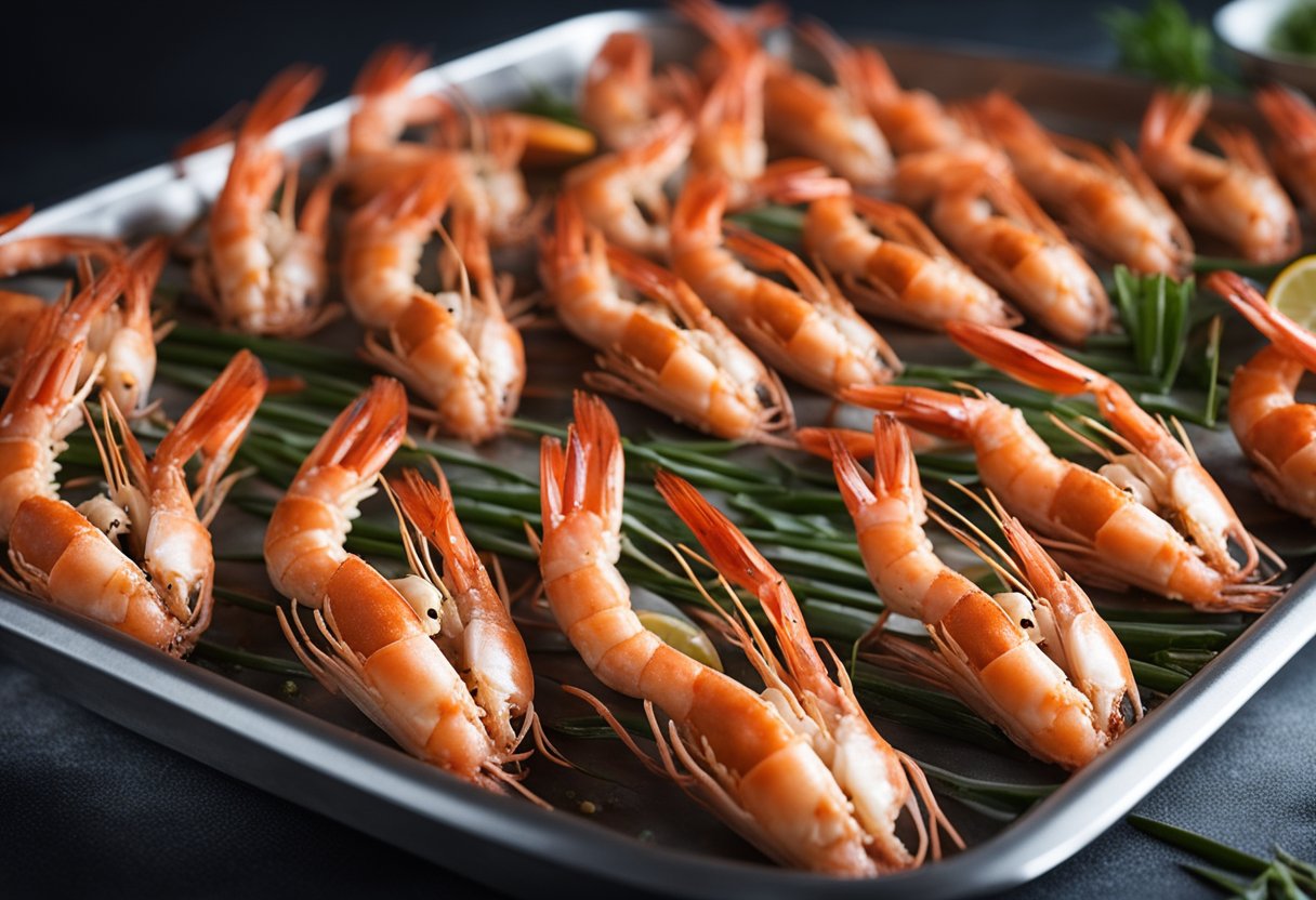 Prawn heads arranged on a baking tray, coated in seasoning and ready for the oven