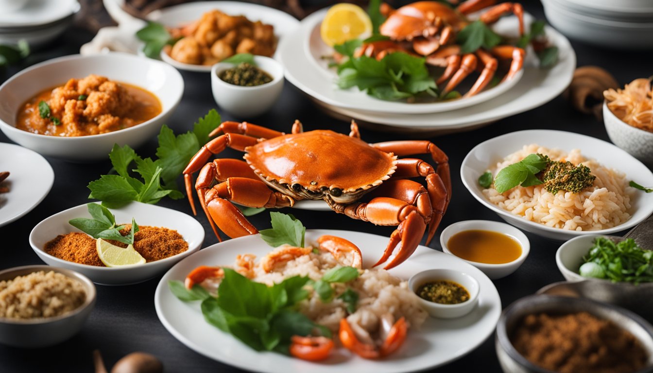 A table set with traditional Singaporean dishes, including a whole cold crab, surrounded by vibrant spices and herbs, evoking the rich culinary heritage of the region