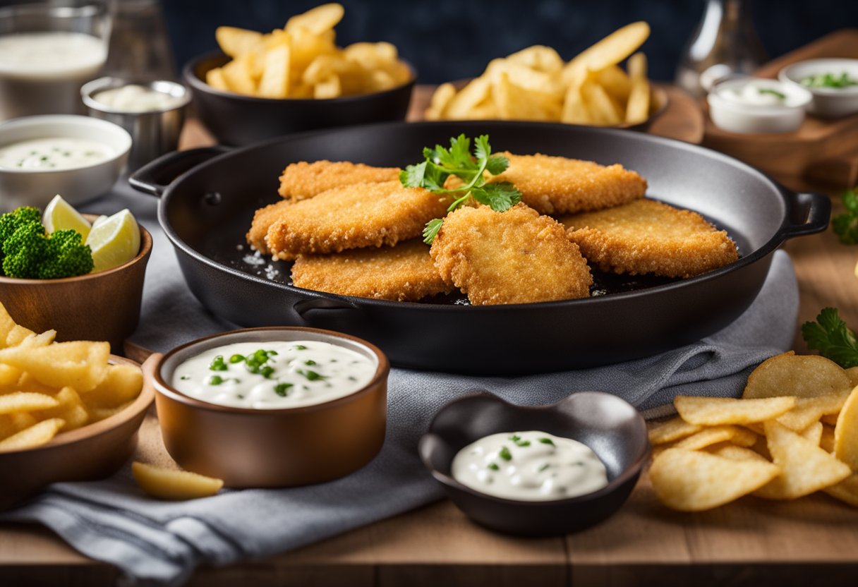 Golden crumbed hoki fish sizzling in a pan, served with a side of crispy chips and a dollop of tartar sauce
