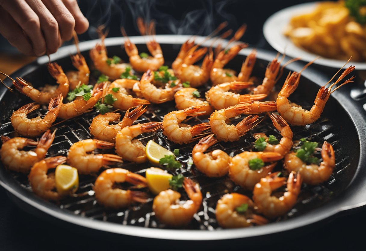 A sizzling pan holds golden crispy prawn heads. A hand reaches for a plate, ready to serve the delectable dish