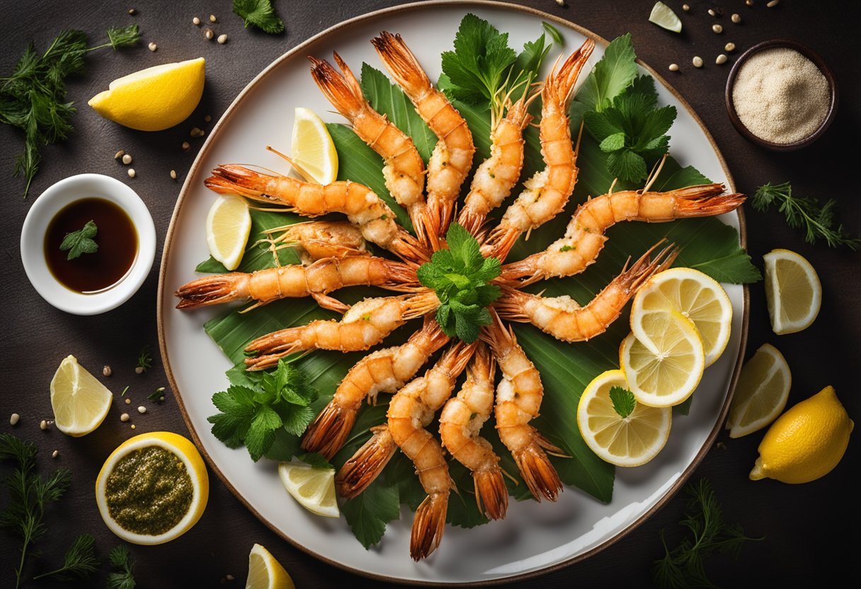 A plate of golden crispy prawn heads arranged neatly with a side of dipping sauce, surrounded by scattered lemon wedges and garnished with fresh herbs