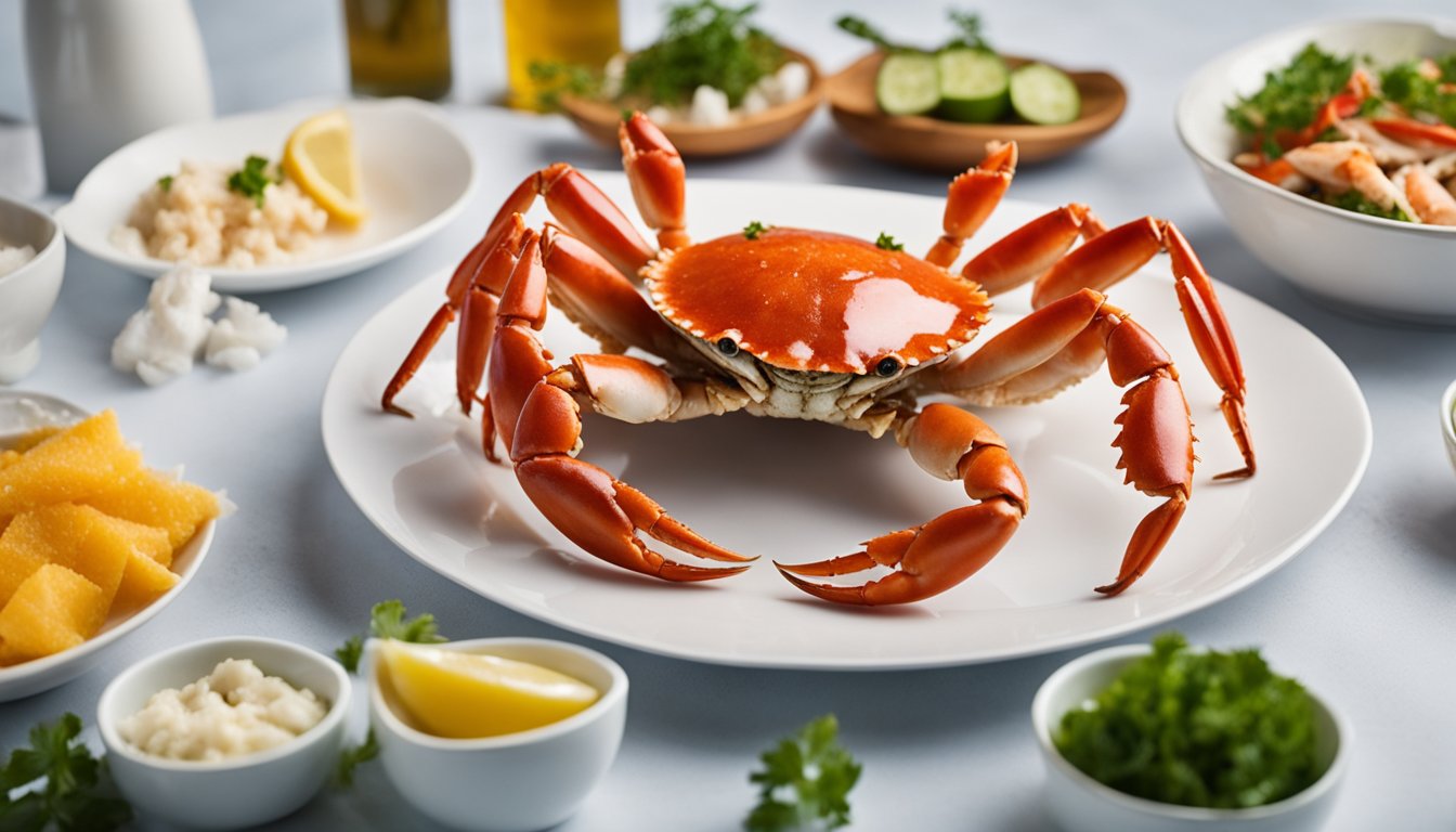 A plate of cold crab sits on a white table, surrounded by condiments and garnishes. The crab is cracked open, revealing the succulent meat inside