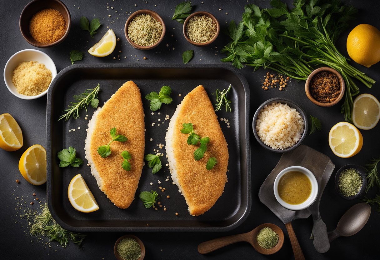 Crumbed hoki fish fillets sizzle in a hot pan, surrounded by a variety of herbs and spices. A bowl of breadcrumbs and a plate of fresh hoki fillets sit nearby