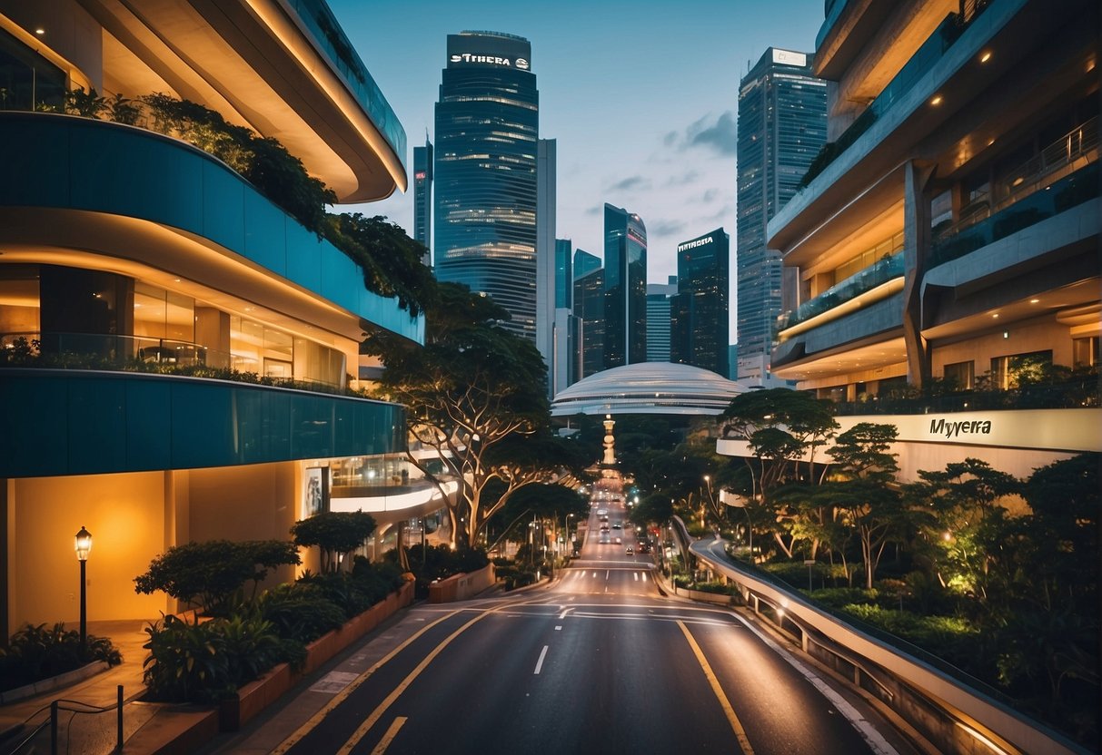 A vibrant cityscape of Singapore with iconic landmarks and bustling streets, adorned with promotional banners for MyTheresa