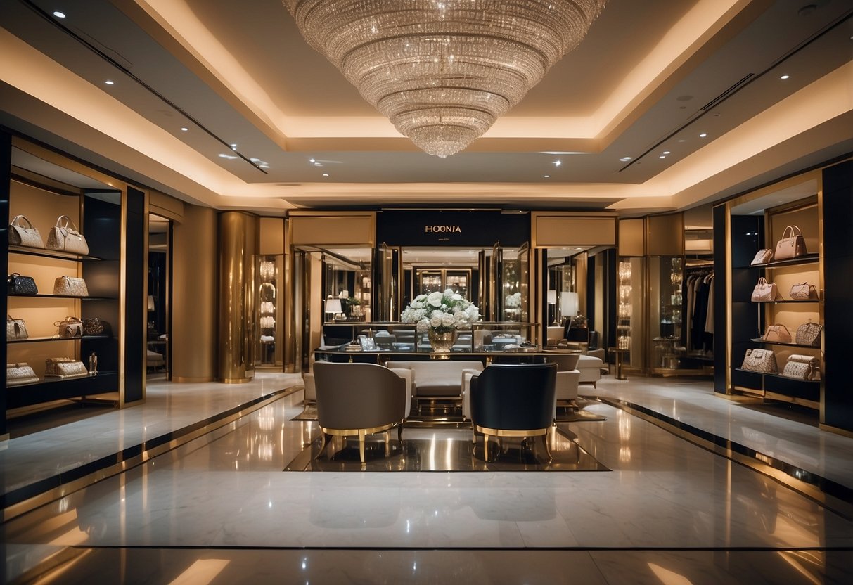 A lavish display of high-end fashion items arranged in an opulent setting with elegant lighting and luxurious decor
