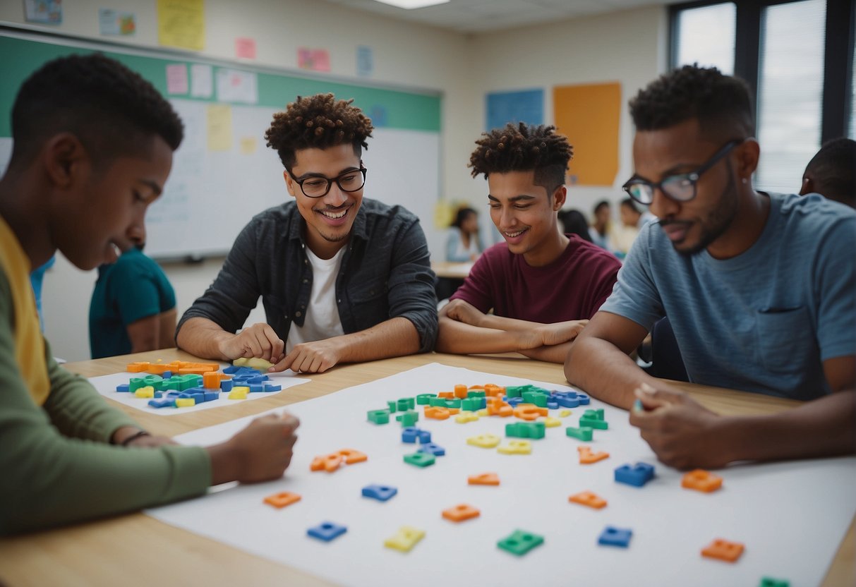 Students solving math problems with colorful manipulatives and writing on whiteboards, while the teacher guides and facilitates group discussions