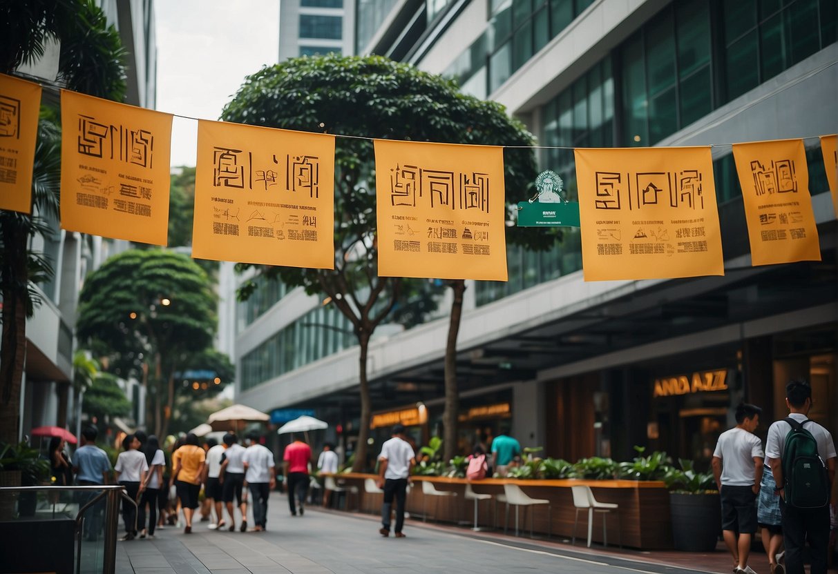 A bustling street in Singapore with colorful banners and signs promoting Andaz hotel
