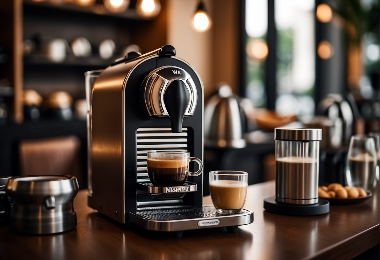A Nespresso machine sits on a sleek countertop, surrounded by promotional materials in a bustling Singaporean cafe