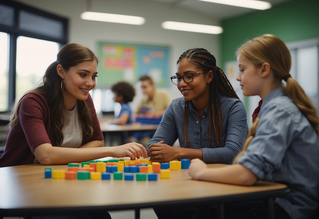 Students collaborate, using manipulatives to solve math problems. A teacher observes, guiding and encouraging critical thinking