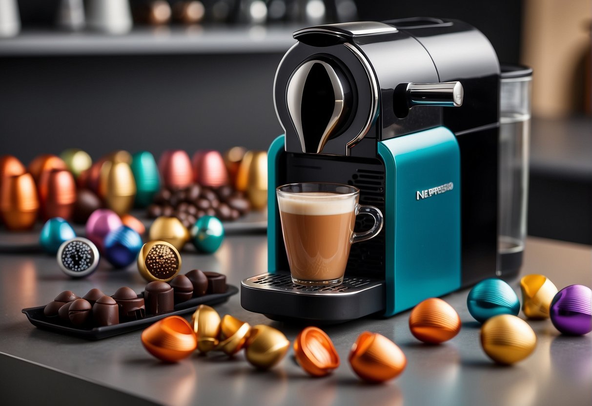 A Nespresso machine sits on a sleek kitchen counter, surrounded by colorful promotional banners and a display of discounted coffee capsules