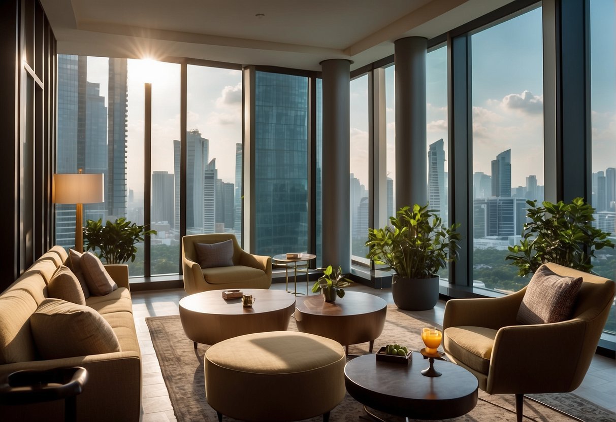 The Andaz Singapore promotions feature luxurious amenities and unique experiences. The scene includes a stylish hotel room, a rooftop pool, and a vibrant dining area