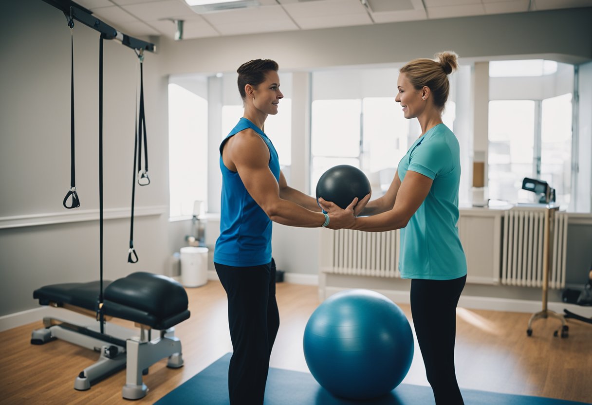 A physical therapy room with exercise equipment, therapy balls, and resistance bands. A therapist guides a patient through rehabilitation exercises