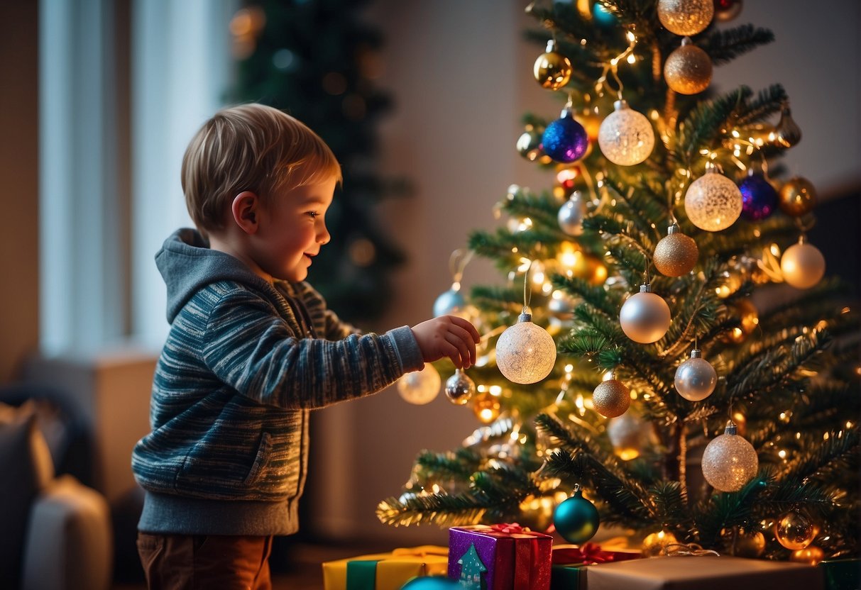 Children decorating a Christmas tree with ornaments, while others build a snowman and some play with colorful presents