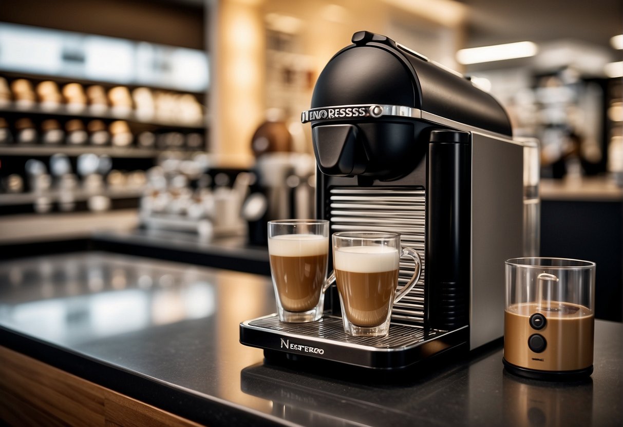 A Nespresso machine sits on a sleek countertop, surrounded by promotional materials in a bustling Singapore retail store