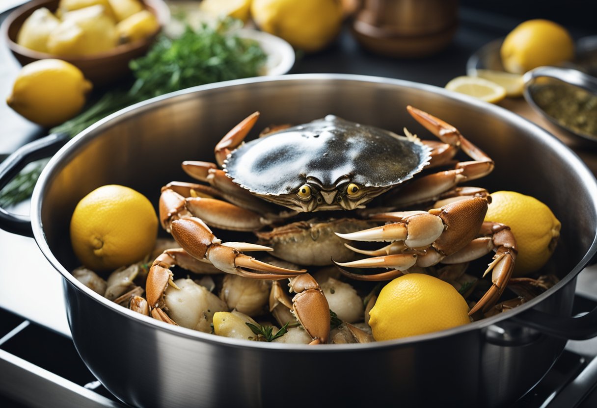 A large pot boils on the stove, filled with water, lemons, and seasonings. A pile of fresh Dungeness crabs sits nearby, ready to be cooked