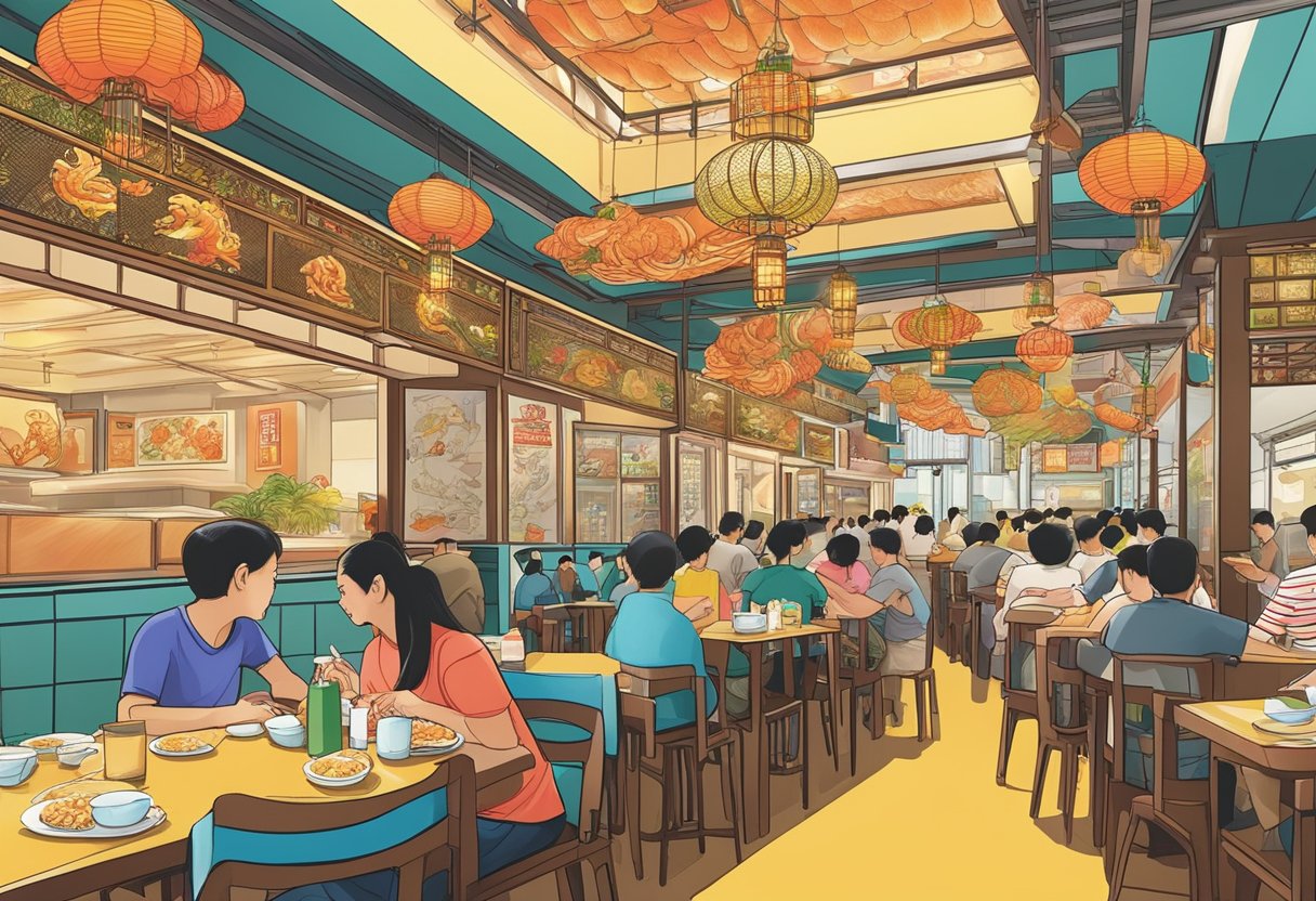 The bustling Da Shi Jia Big Prawn Mee restaurant, with its vibrant decor and bustling atmosphere, draws in a crowd of hungry diners eager to savor its renowned prawn noodles