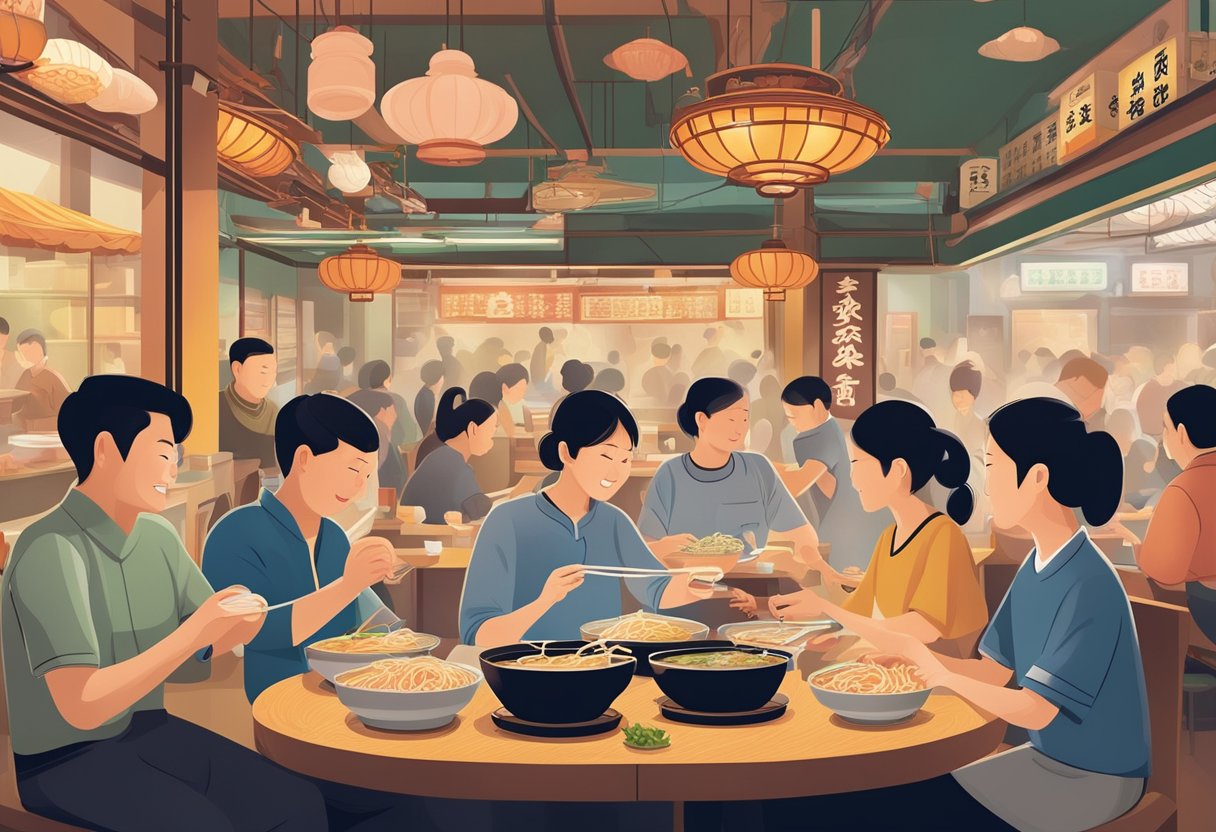 Customers enjoying a steaming bowl of prawn mee at Da Shi Jia restaurant, surrounded by bustling waitstaff and the aroma of sizzling noodles and fragrant broth