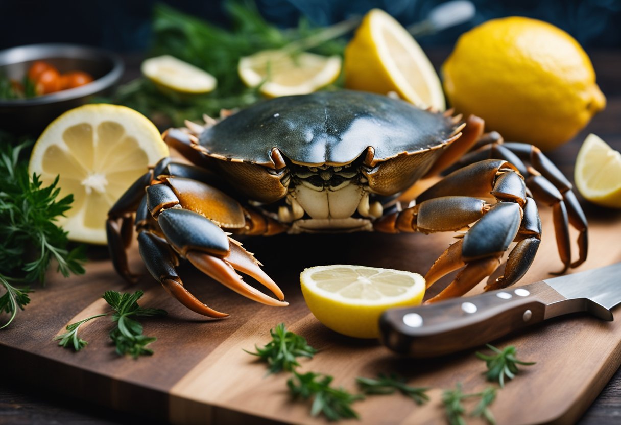A Dungeness crab is being cleaned and prepared for cooking on a cutting board with a knife, lemon, and herbs nearby