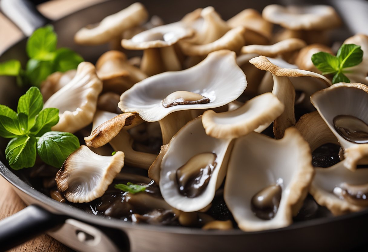 Oyster mushrooms sizzling in a hot pan, releasing a savory aroma as they cook to a golden brown perfection