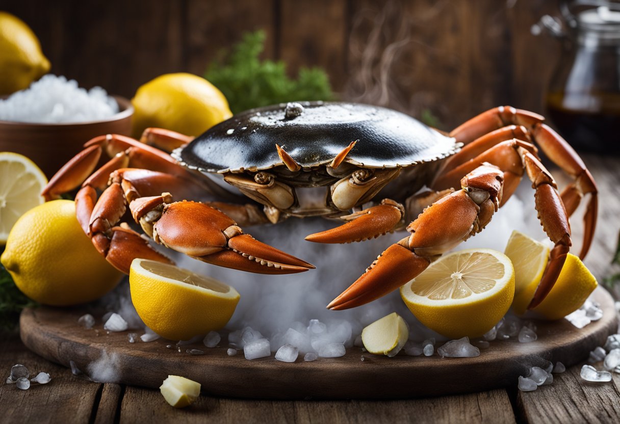 A steaming pot of dungeness crab sits on a rustic wooden table, surrounded by fresh lemons and melted butter. The steam rises from the crab, creating a mouthwatering scene
