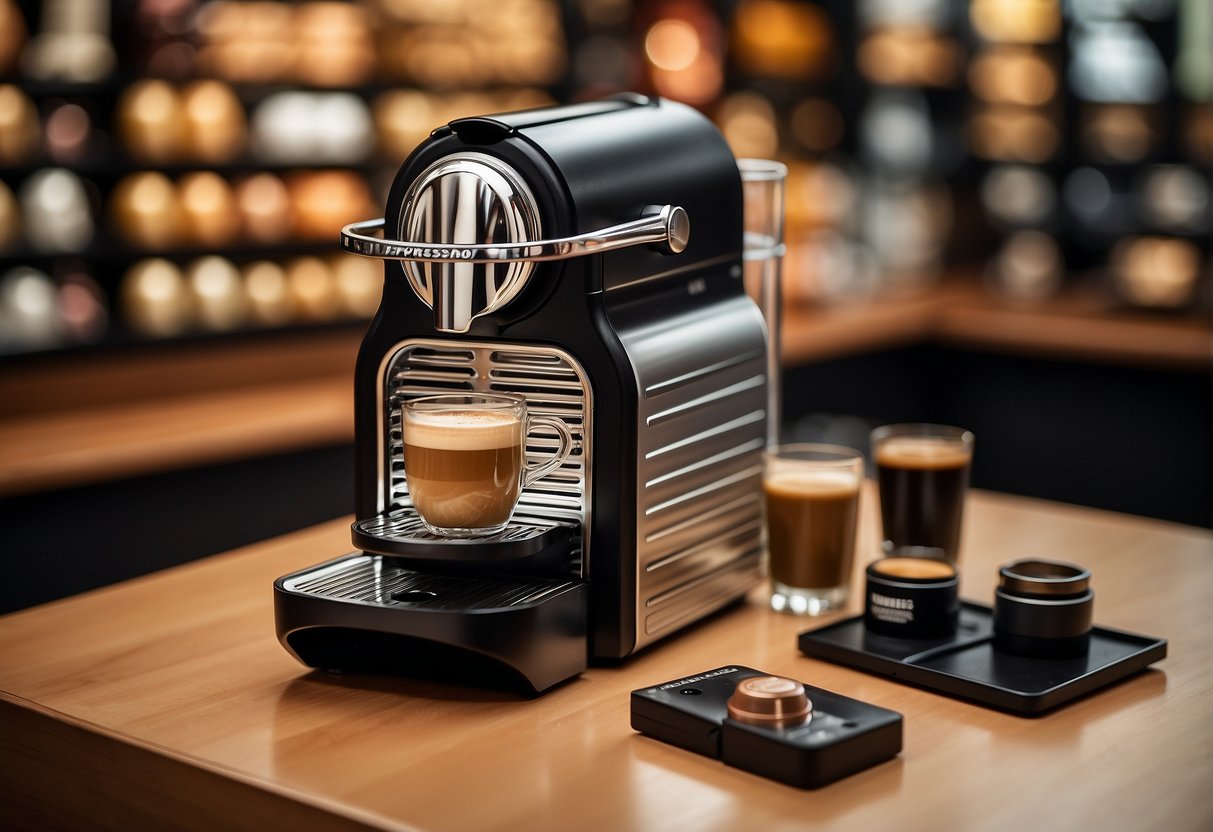 A Nespresso machine surrounded by promotional materials in a Singaporean retail setting