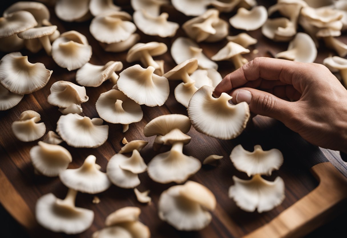 Hands select and clean oyster mushrooms, then slice for cooking