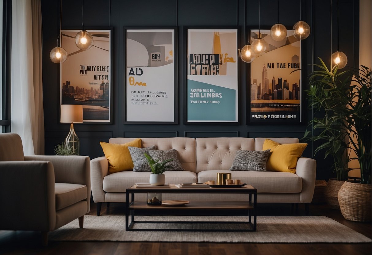 A cozy living room with a stylish sofa surrounded by promotional signs and banners in Singapore