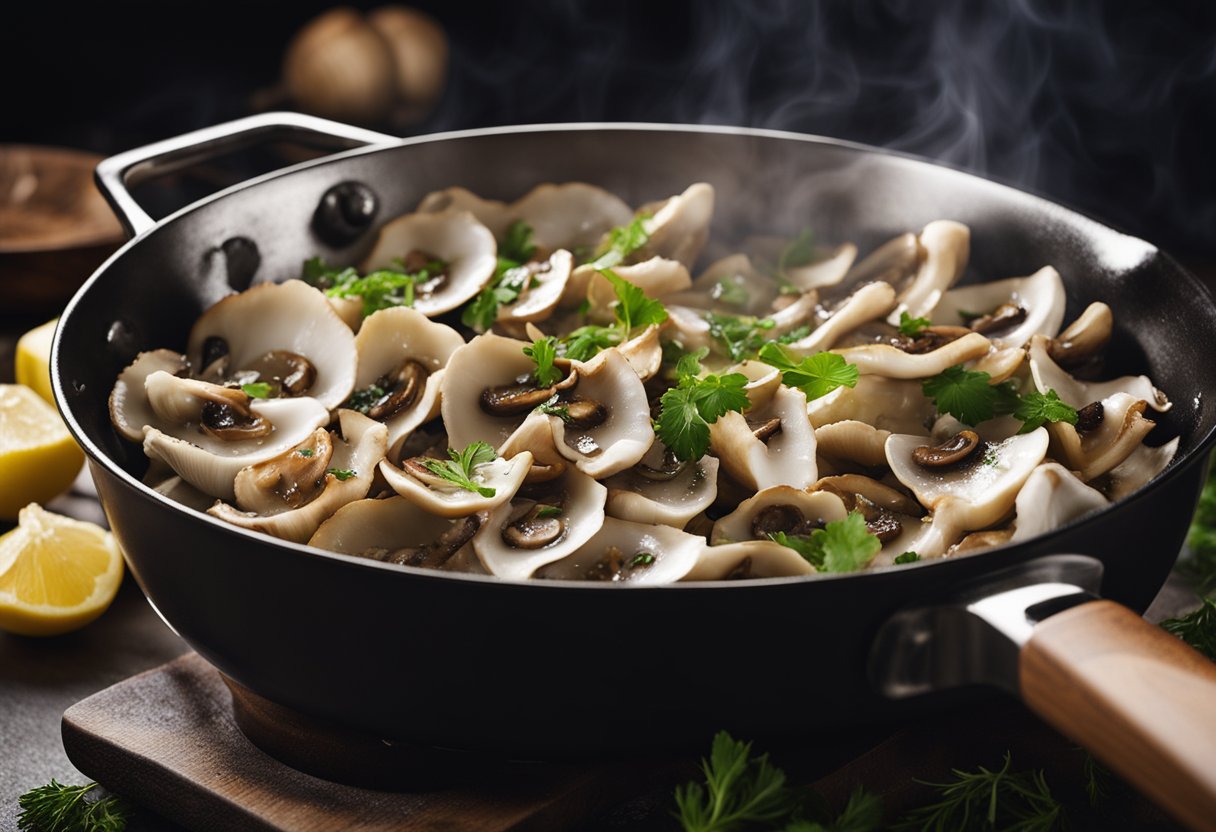 Oyster mushrooms sizzling in a hot pan, being flipped with a spatula. Garlic and herbs sprinkled over the mushrooms as they cook