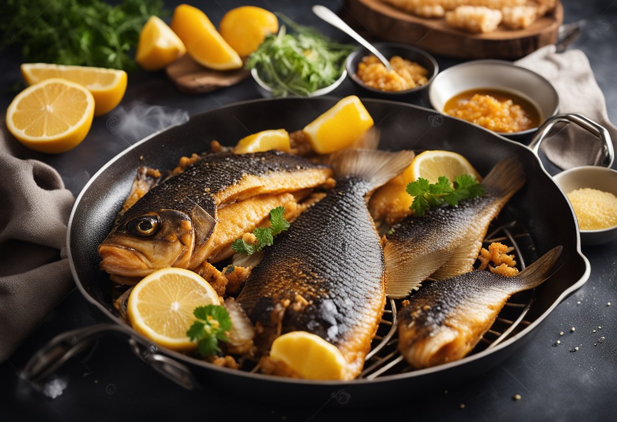 A sizzling pan with golden fish skin crackling in hot oil, surrounded by ingredients and utensils for a deep fried fish skin recipe
