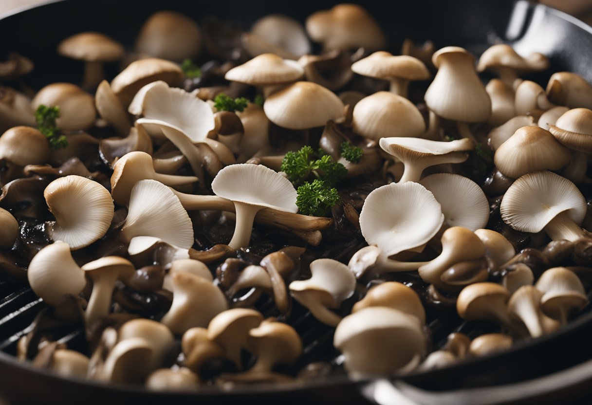 Oyster mushrooms sizzling in a hot pan, steam rising, as a chef flips them with a spatula. A pile of mushrooms sits nearby, ready to be cooked