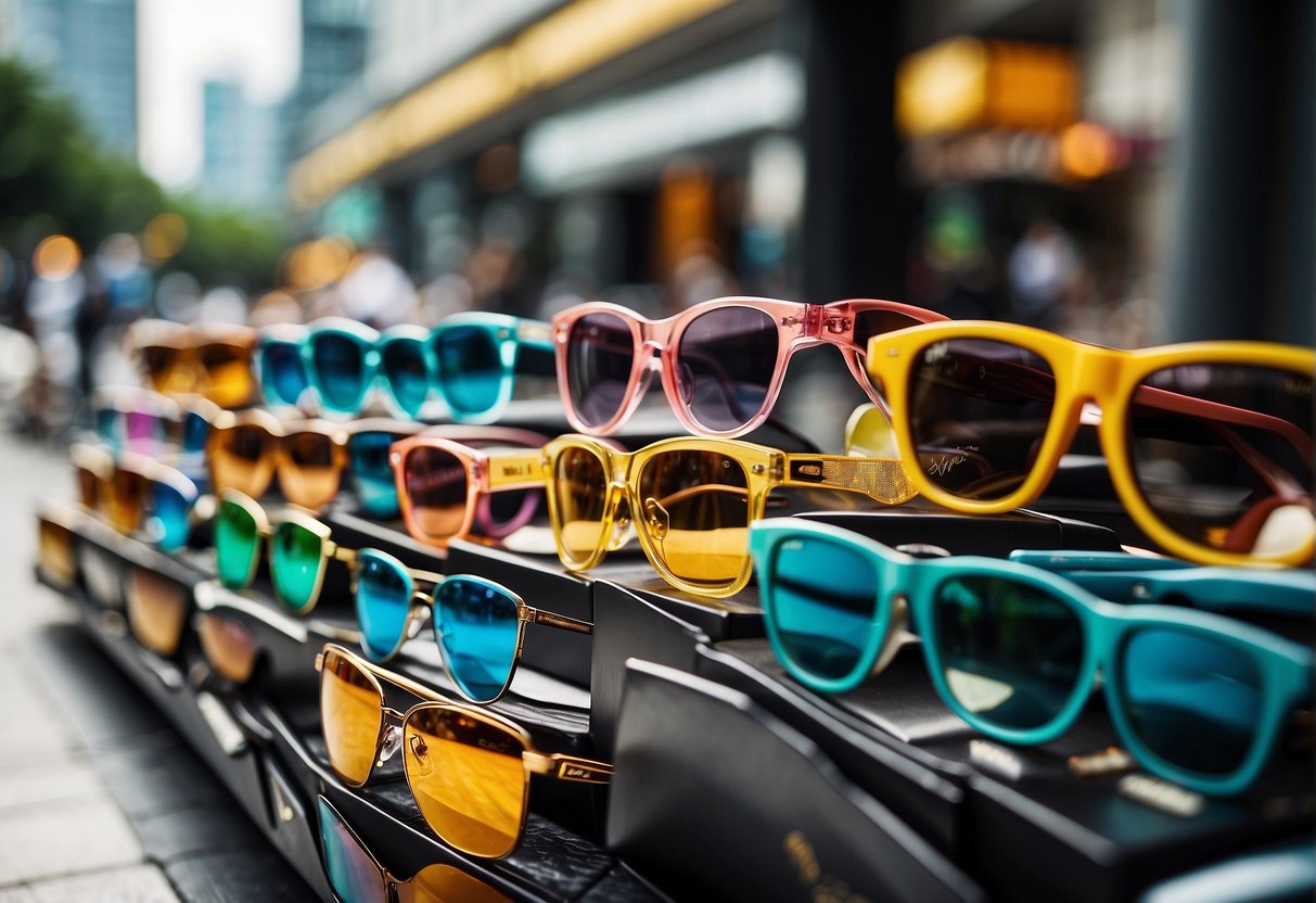 A display of colorful sunglasses with promotional signs in a busy Singapore shopping district