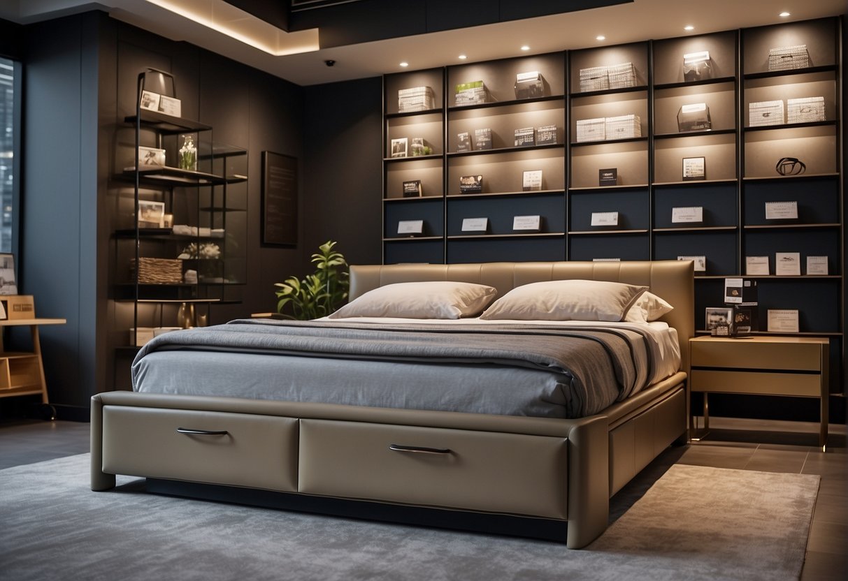 A bedroom with a modern storage bed, surrounded by promotional signage and price tags, set in a showroom in Singapore