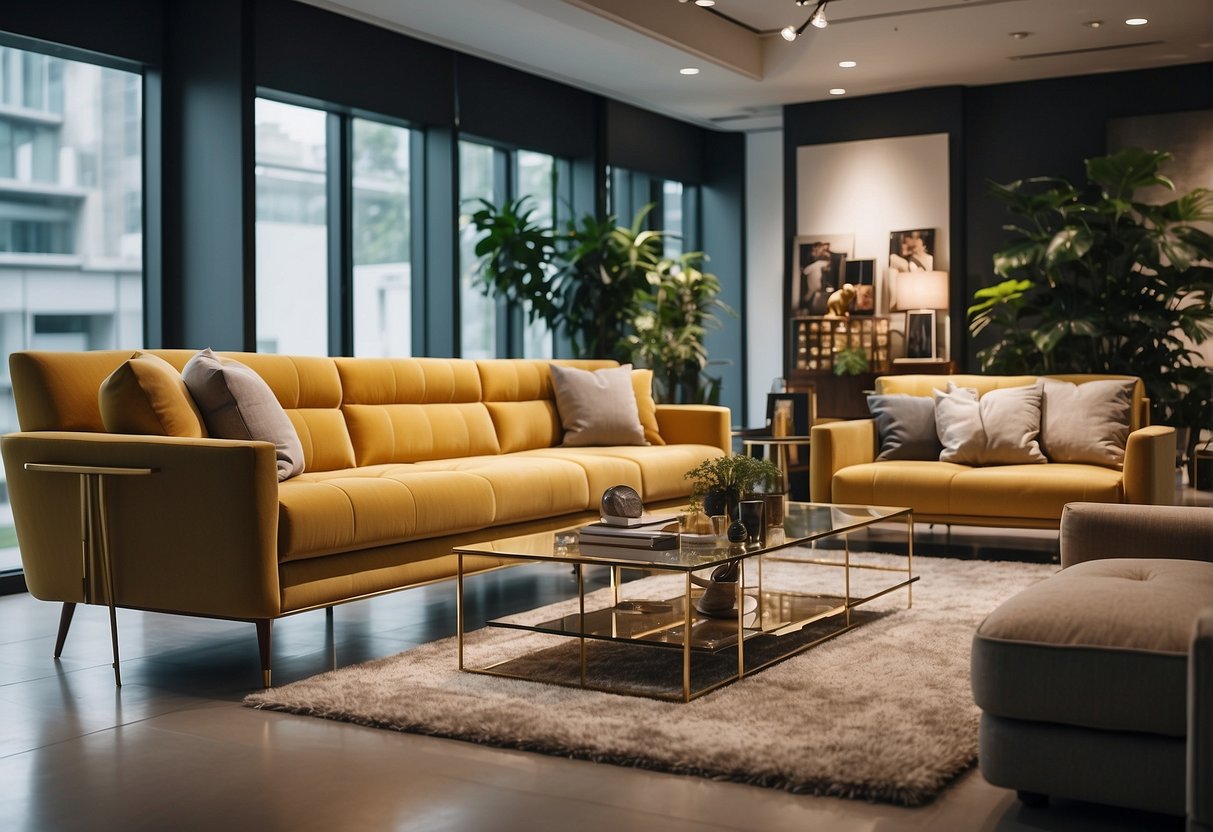 A brightly lit showroom with various stylish sofas on display, accompanied by large banners advertising the latest promotions in Singapore