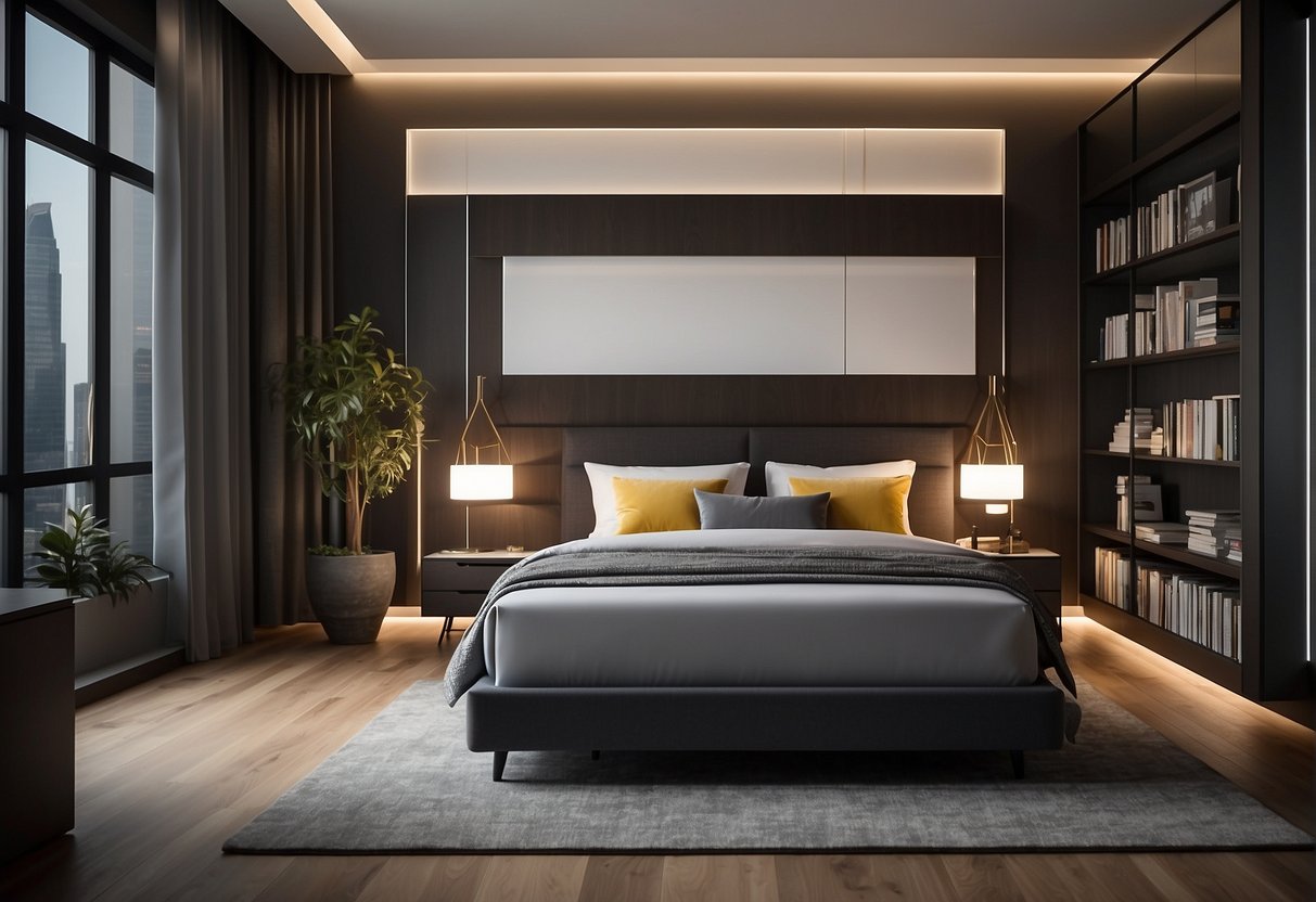 A bedroom with a sleek, modern storage bed in Singapore, surrounded by promotional materials and banners for the best storage bed deals in 2024