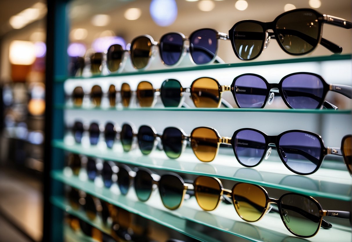 A display of sunglasses with promotional signs in a Singapore store window