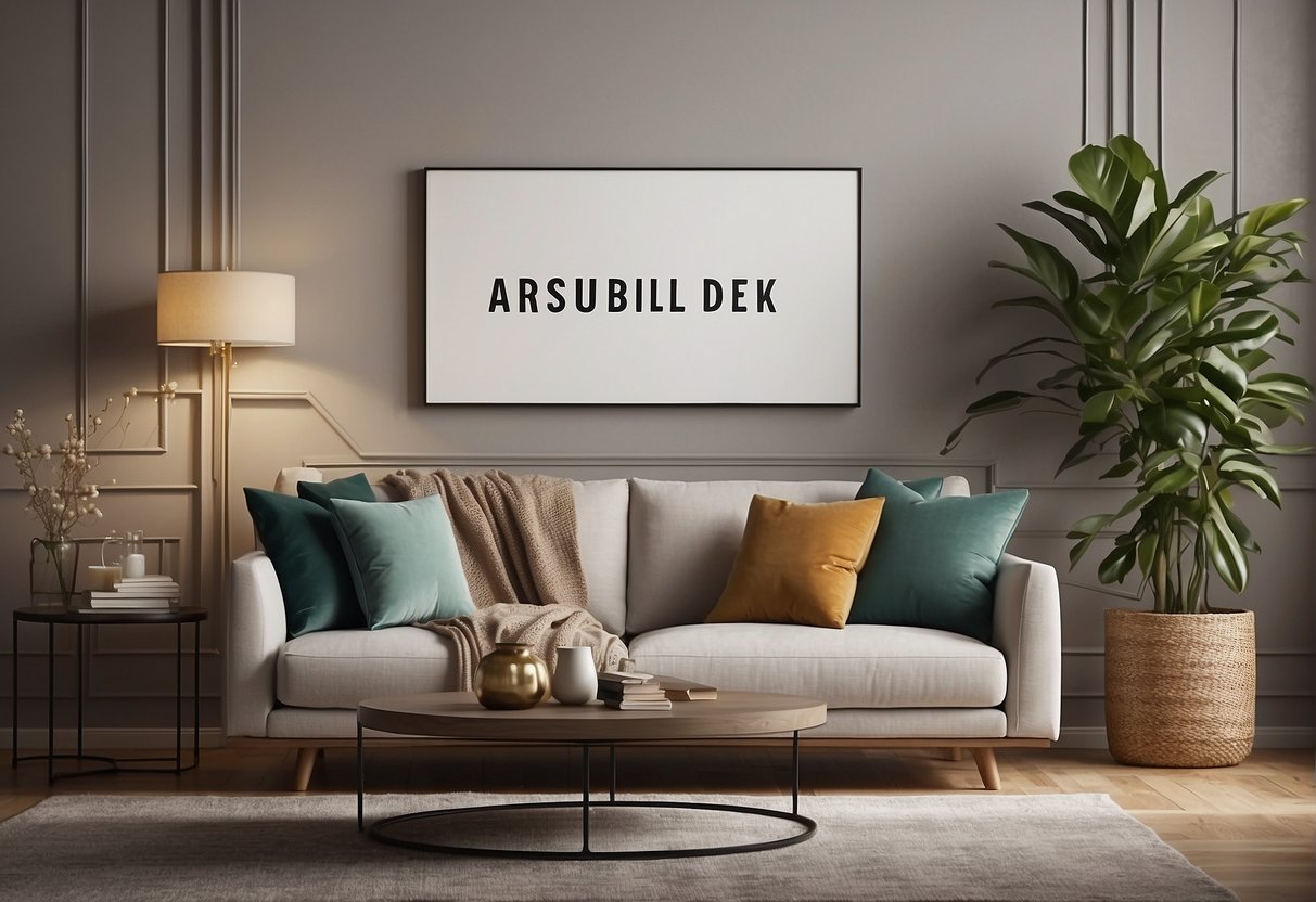 A cozy, modern sofa sits in a well-lit living room, surrounded by stylish decor and soft furnishings. A promotional banner hangs above, highlighting the sofa's design and comfort