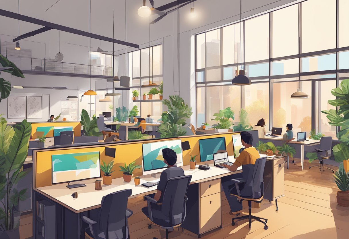 A bustling co-working space in India, filled with modern furnishings and vibrant decor. The open layout and natural light create a welcoming and productive atmosphere