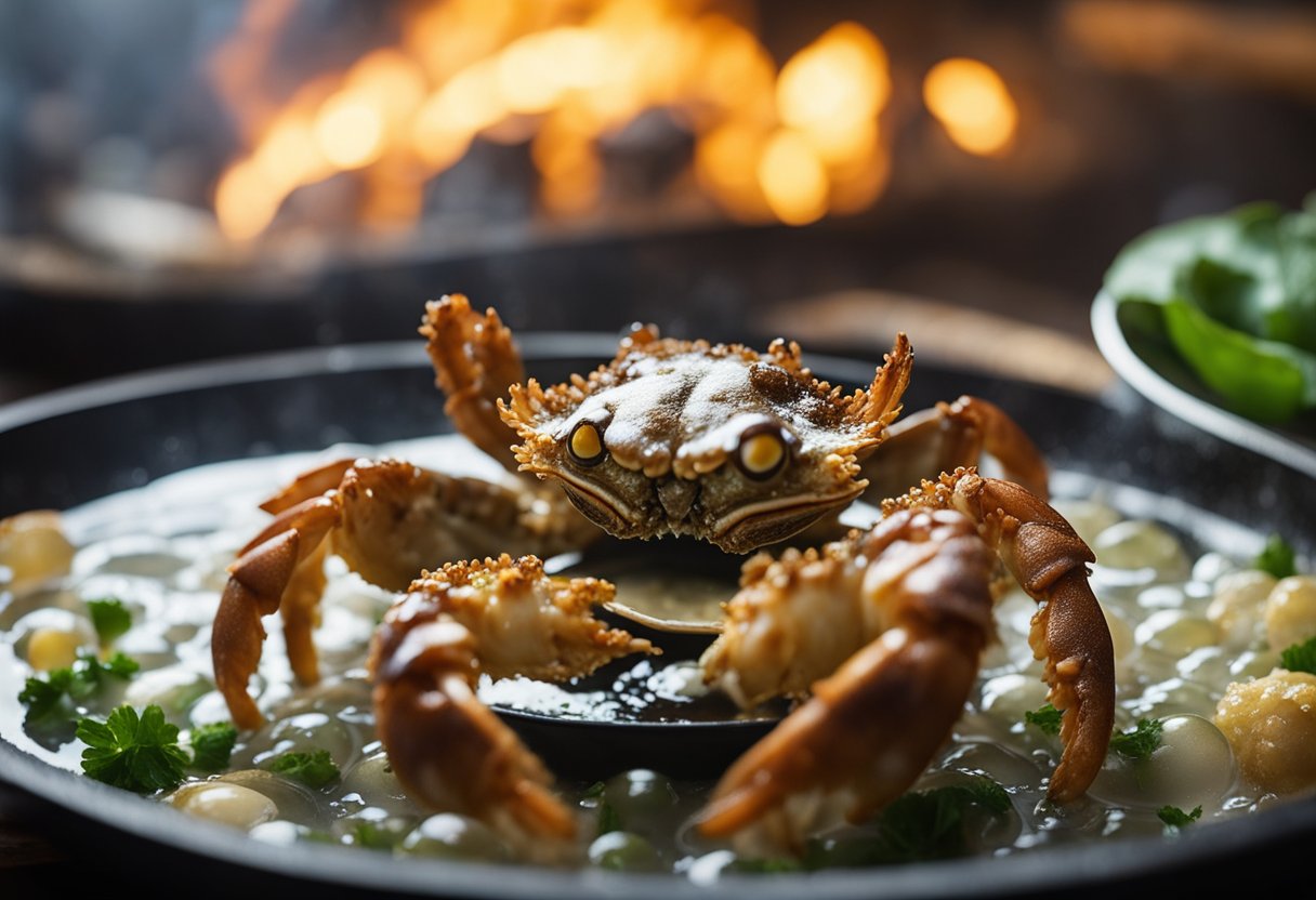 A golden-brown soft shell crab sizzling in hot oil, surrounded by bubbling bubbles and emitting a savory aroma