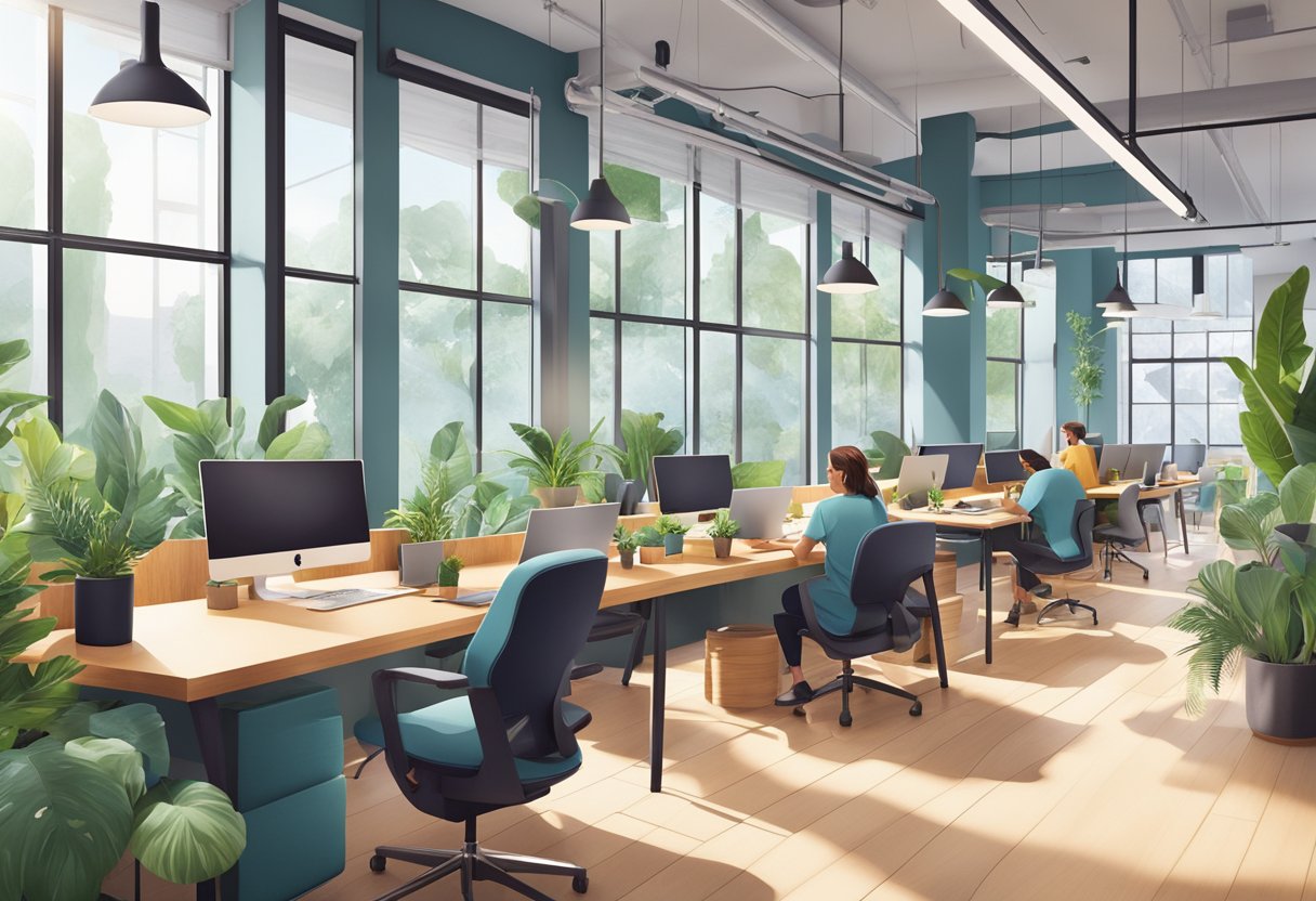 A vibrant co-working space with modern decor, lush greenery, and natural light streaming in through large windows. Various workstations and communal areas are filled with professionals engaged in collaboration and productivity