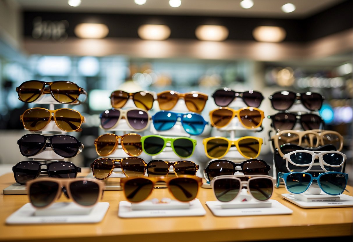 A vibrant display of sunglasses with promotional signs at an optician's office in Singapore, with eye exam equipment in the background