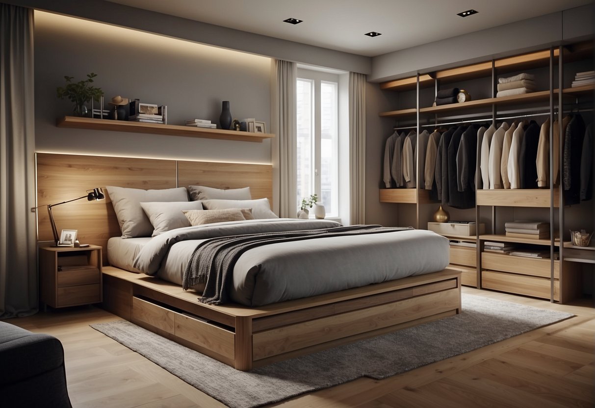 A clutter-free bedroom with a storage bed and smart storage solutions. Cozy and functional, with space-saving furniture